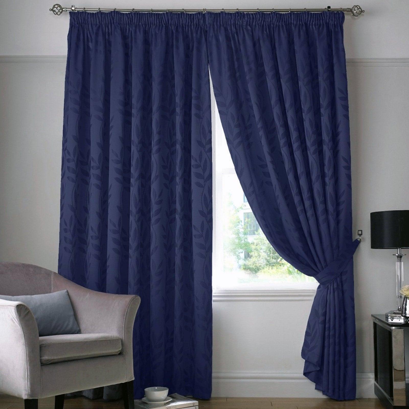 Tivoli Leaf Jacquard Lined Tape Top Curtains Navy Tape Top Curtains Alan Symonds 46'' x 54''