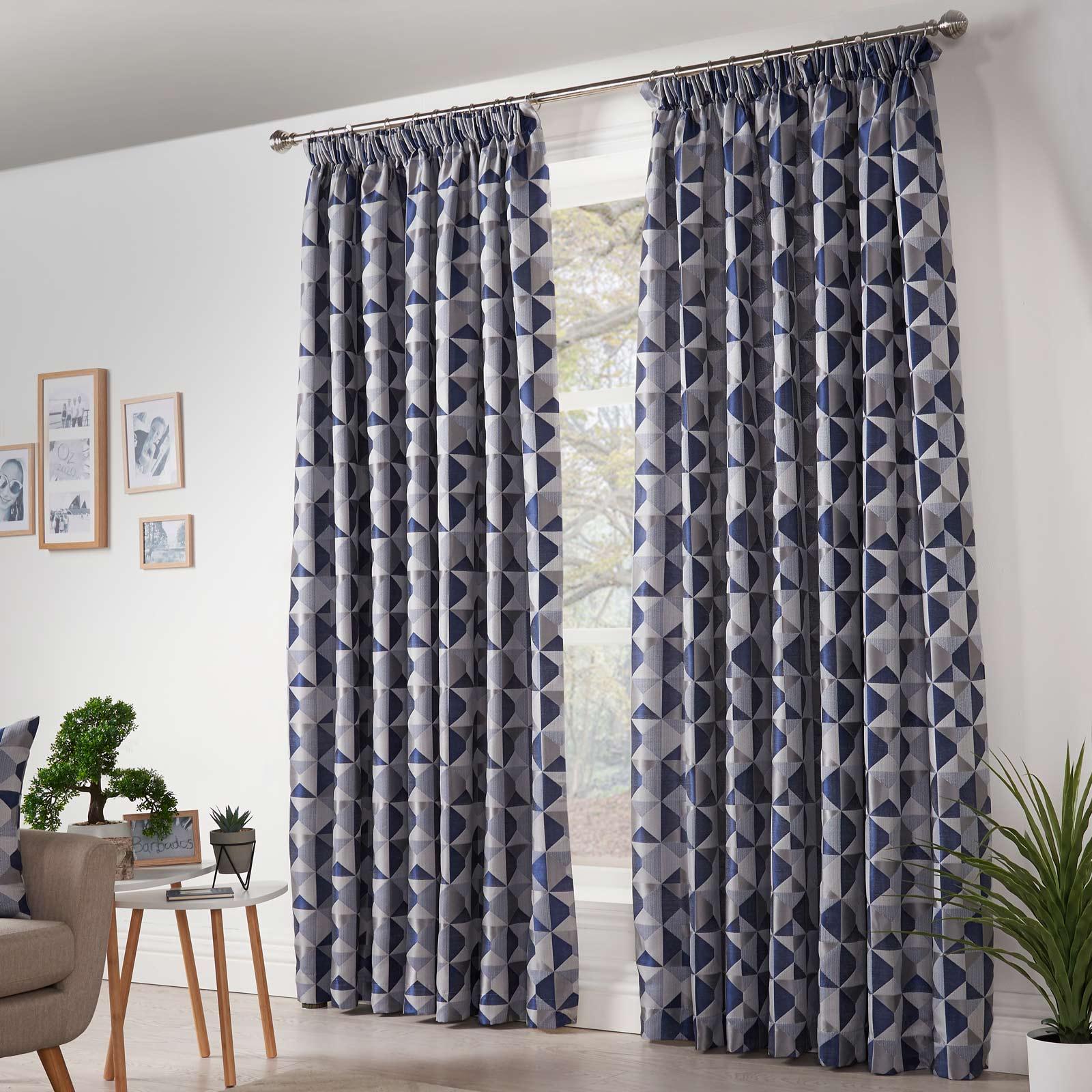 Skandi Geometric Jacquard Lined Tape Top Curtains Navy Tape Top Curtains Alan Symonds 46'' x 54''