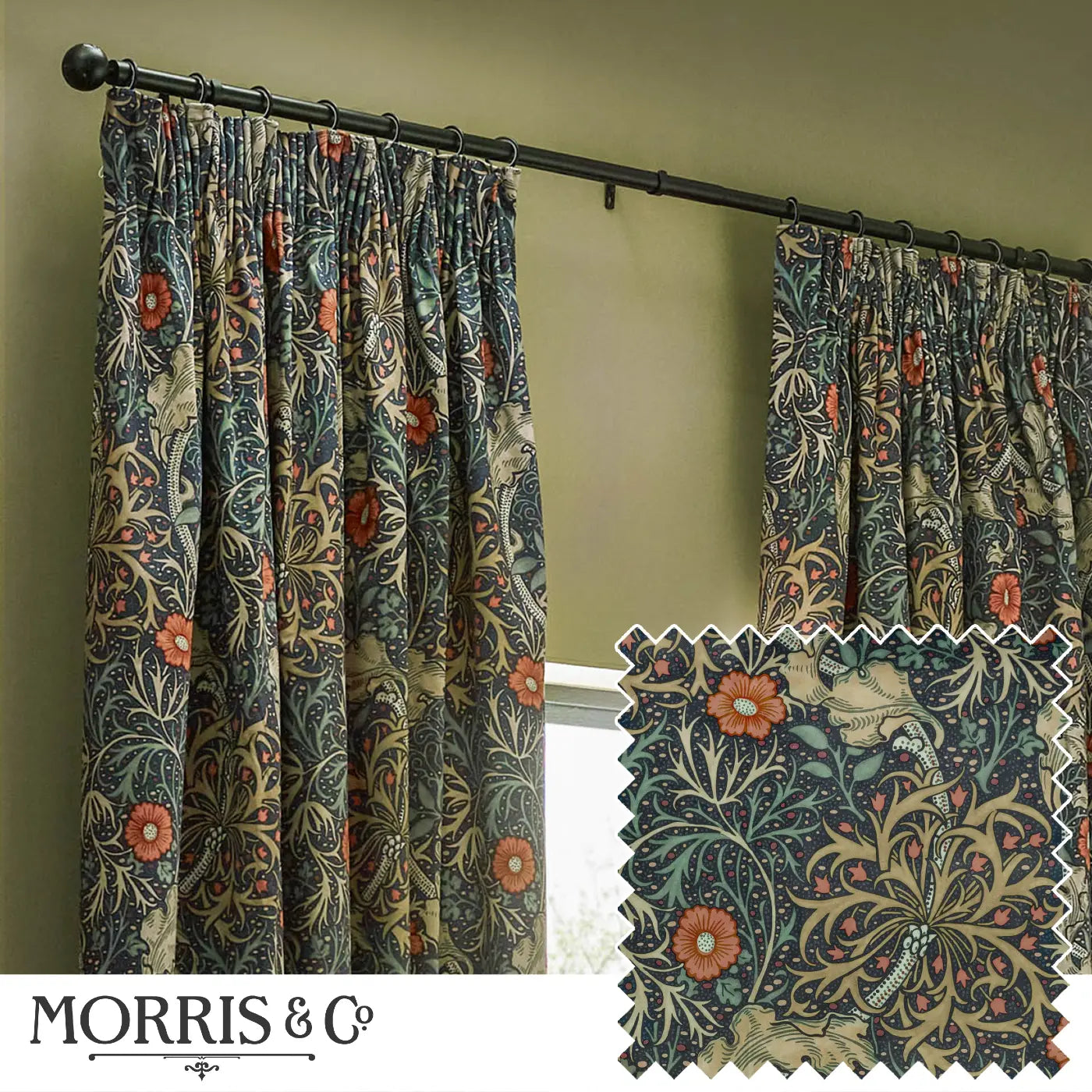 Seaweed Tape Top Pencil Pleat Curtains by Morris & Co