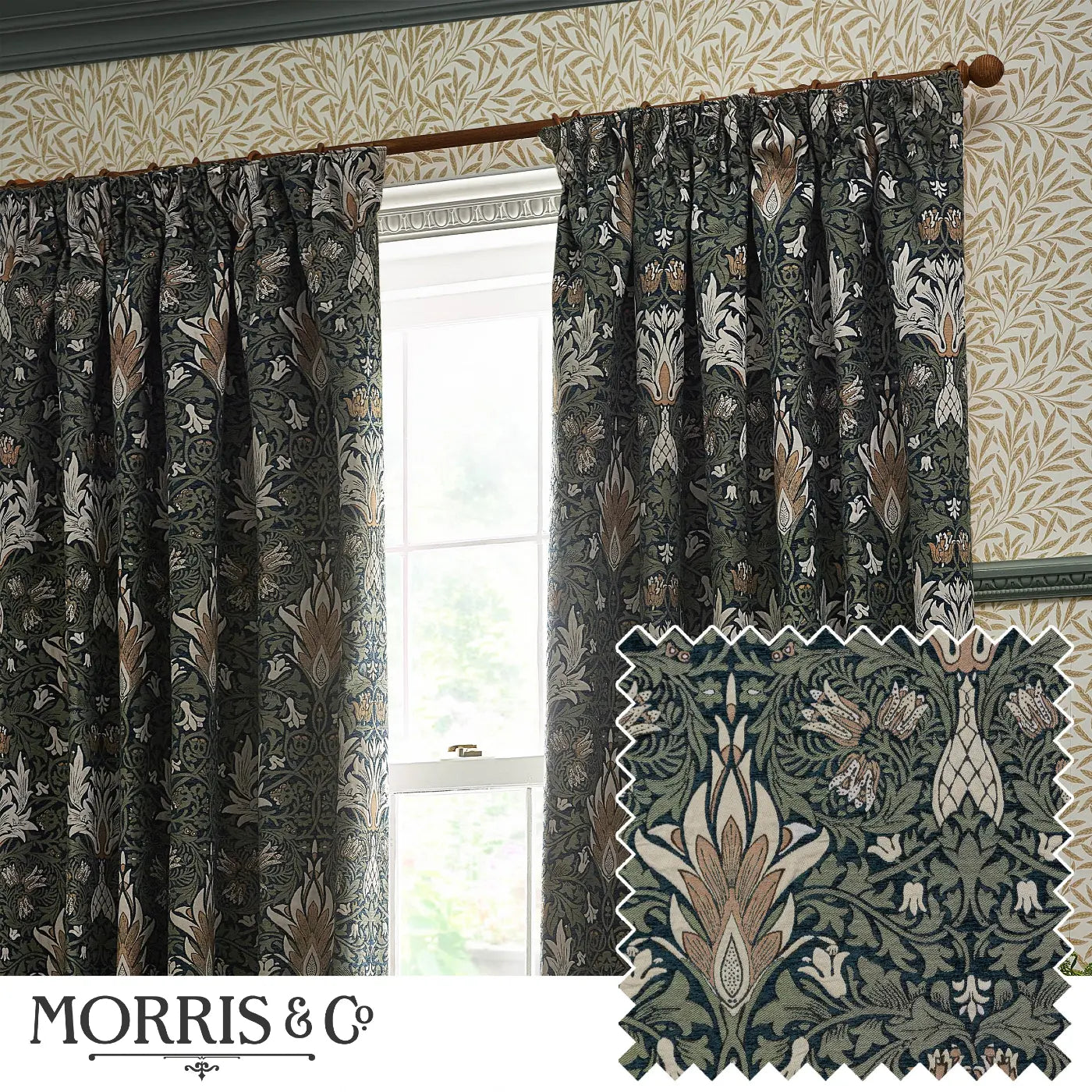 Snakeshead Tape Top Pencil Pleat Curtains by Morris & Co