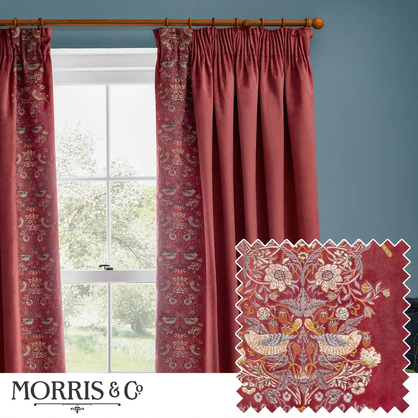 Strawberry Thief Embroidery Tape Top Pencil Pleat Curtains by Morris & Co