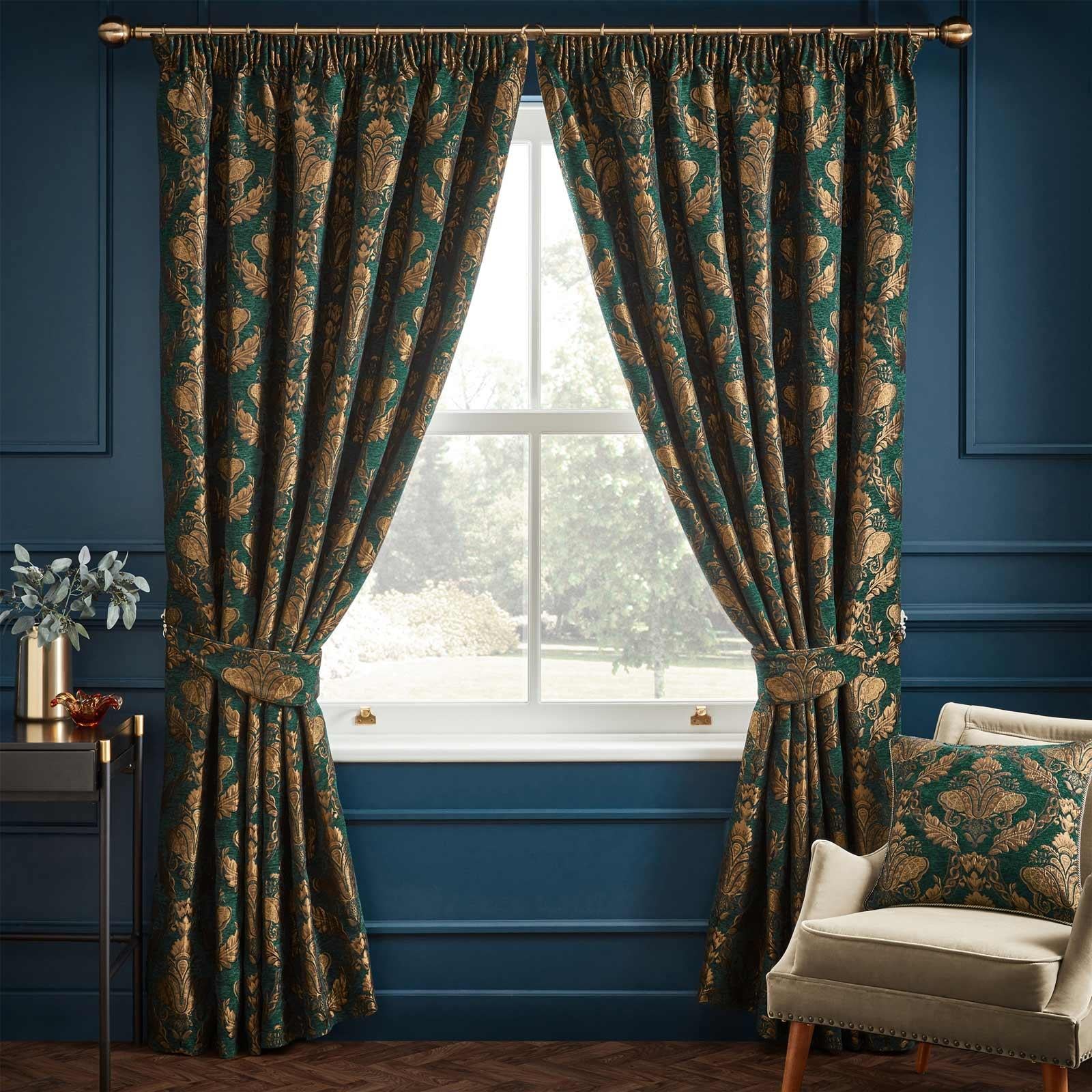 Shiraz Jacquard Tape Top Curtains Emerald 66" x 90" by Paoletti