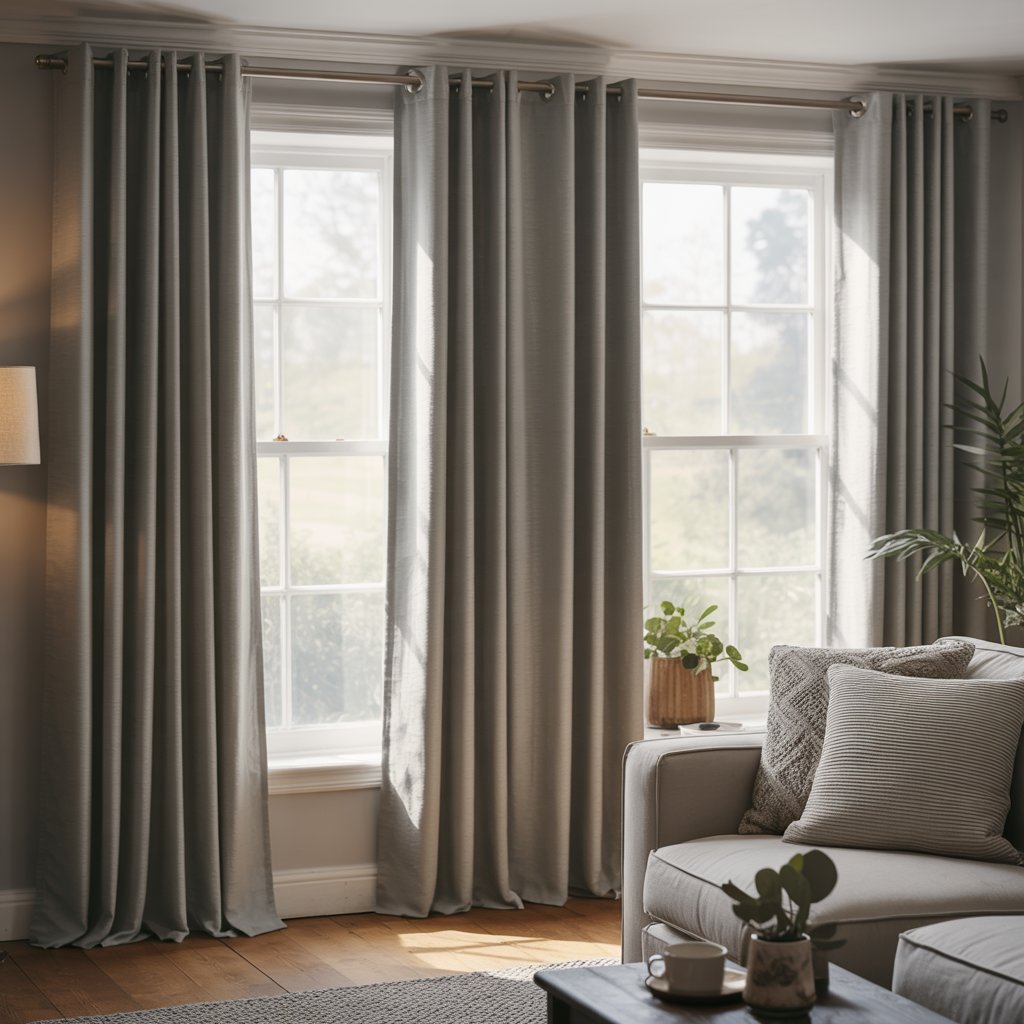 Living room with large windows covered by gray curtains, a sofa, and decorative items.