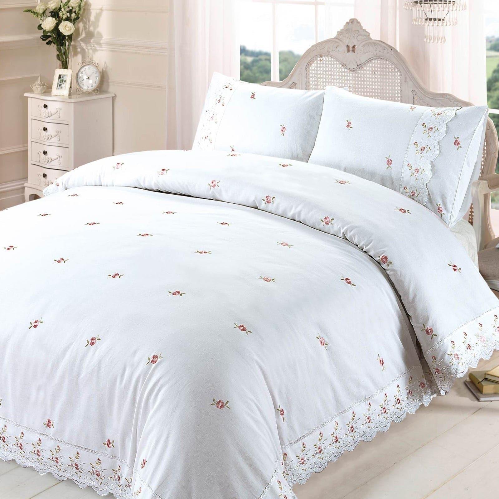 Sophie Floral Embroidered White Duvet Cover Set Duvet Cover Rapport Single  