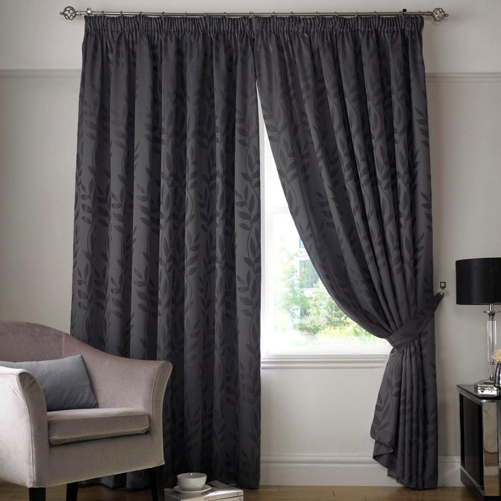 Tivoli Leaf Jacquard Lined Tape Top Curtains Charcoal Tape Top Curtains Alan Symonds 46'' x 54''  